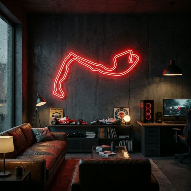 Glowing F1 Neon circuit in premium dark room