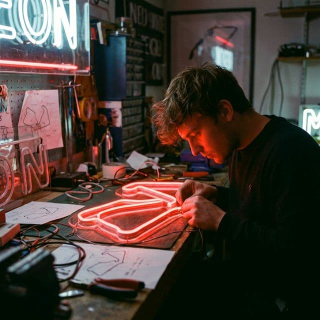 Assembling an F1 Neon sign in the workshop